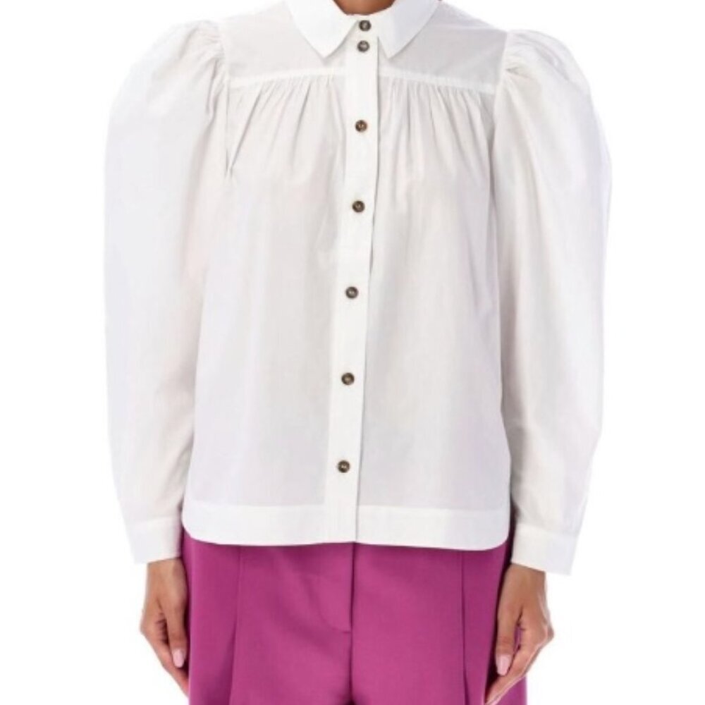 GANNI White Puff Sleeve Button Down Blouse